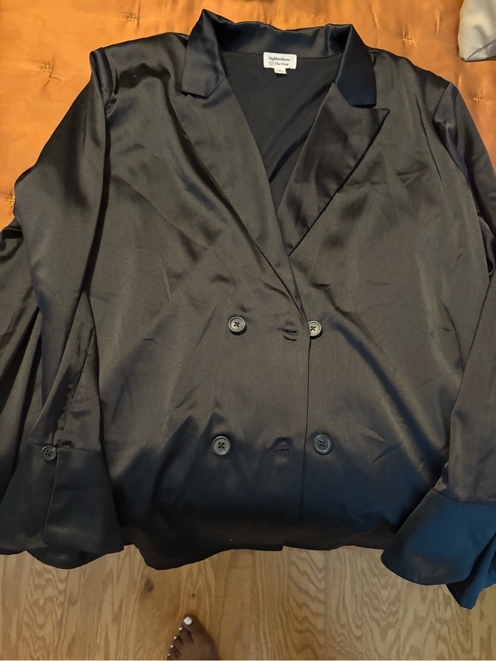 The drop Black Satin Double-Breasted Blazer Jacket